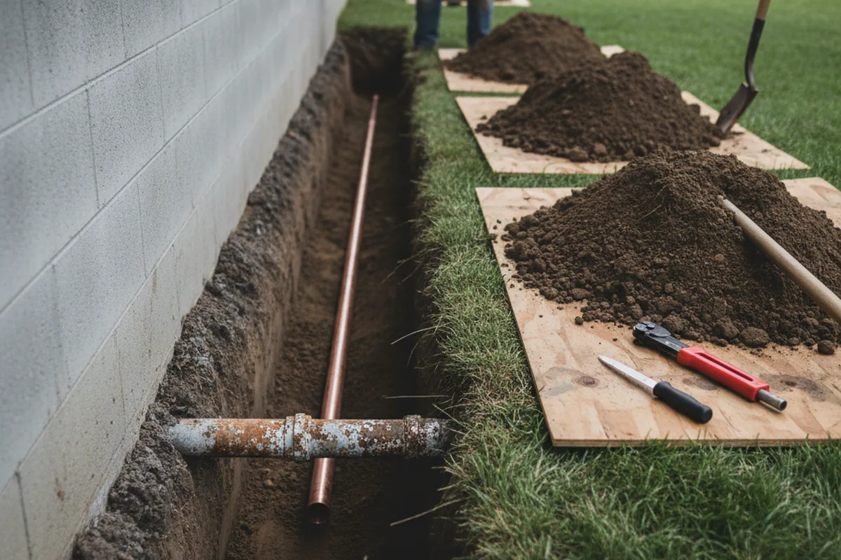 Excavated water line trench during Water Softener Installation in Blue Lake
